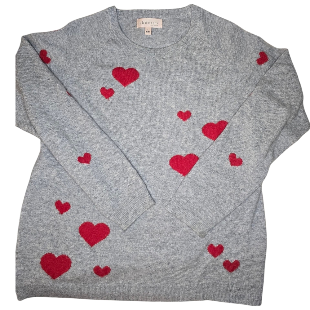 Philosophy Gray Cashmere Sweater with Red Heart Accents